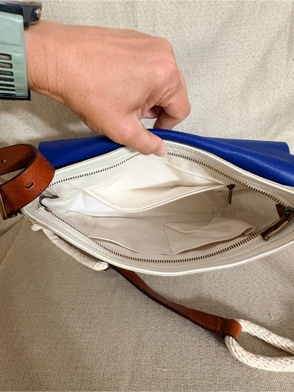Fossil Cowhide Leather Nautical Stripe Shoulder Bag Blue White Adjustable Strap